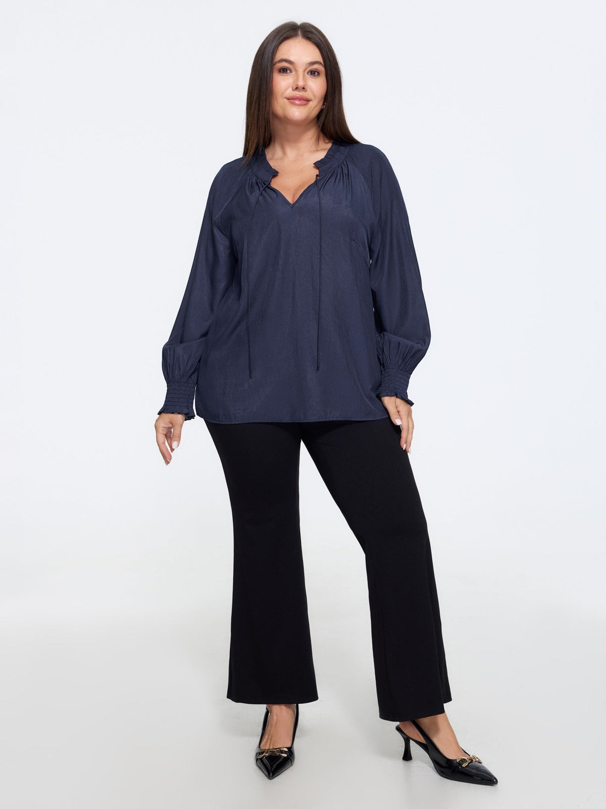 V Neck Tie Shirred Cuff Ruffle Blouse