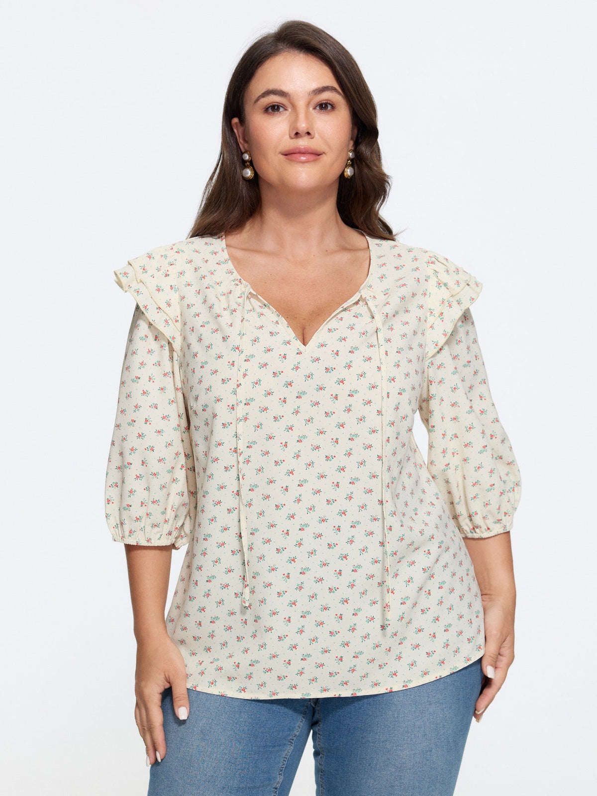 Ditsy Floral V Neck Ruffle Blouse