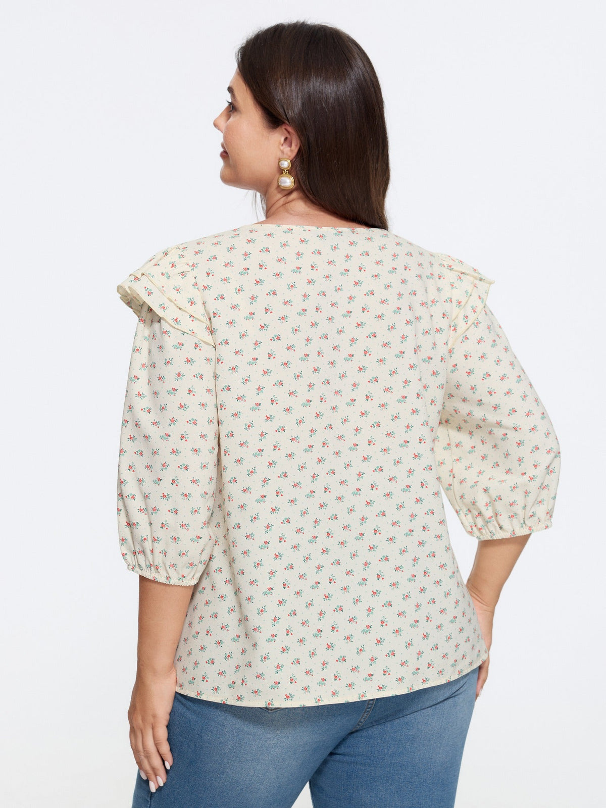 Ditsy Floral V Neck Ruffle Blouse