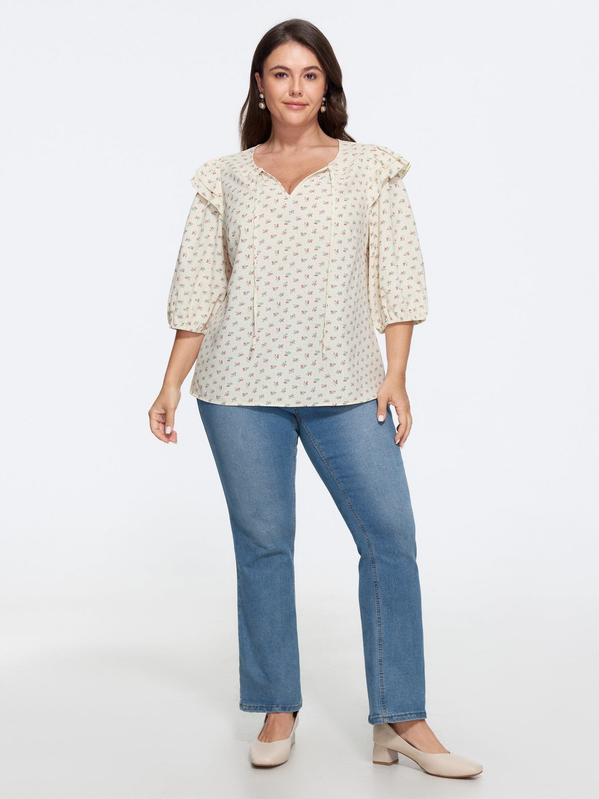 Ditsy Floral V Neck Ruffle Blouse