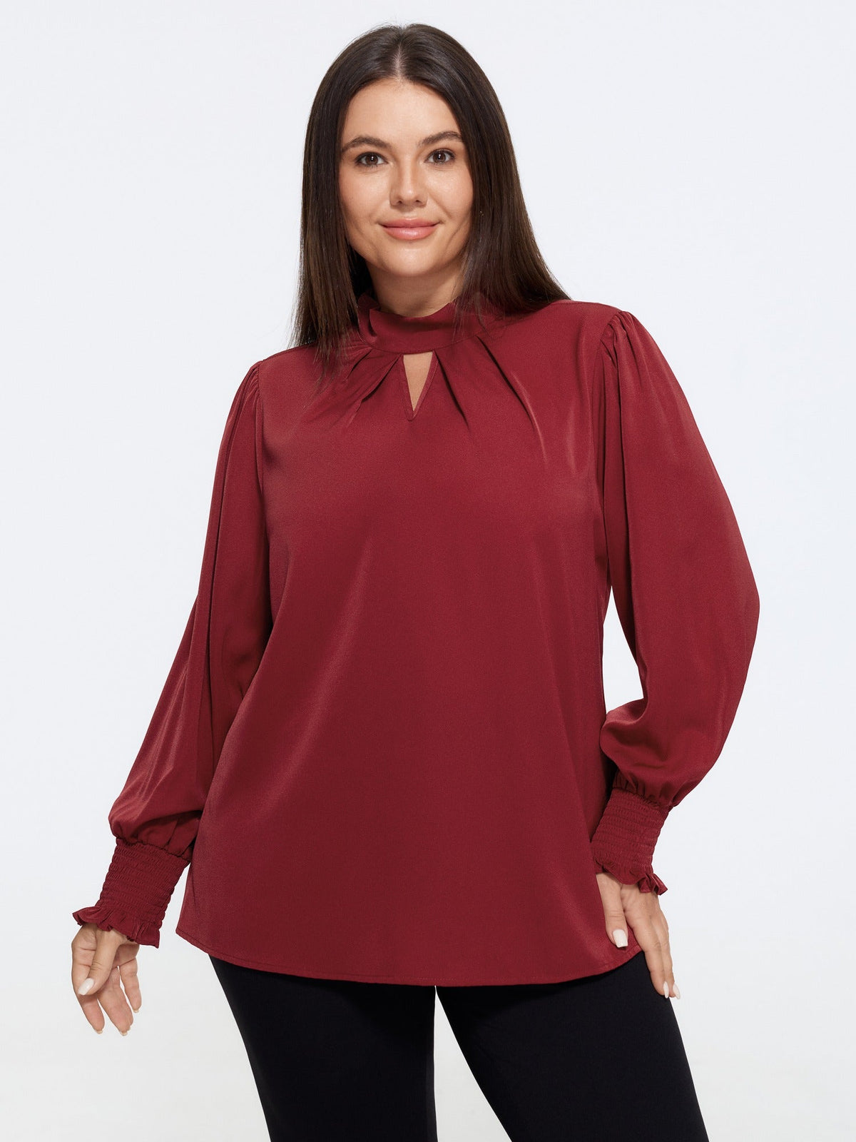 Mock Neck Keyhole Front Shirred Cuff Blouse