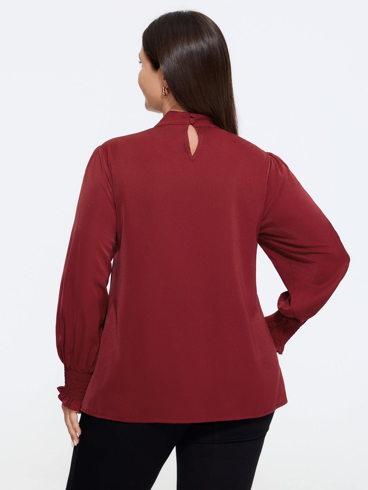 Mock Neck Keyhole Front Shirred Cuff Blouse