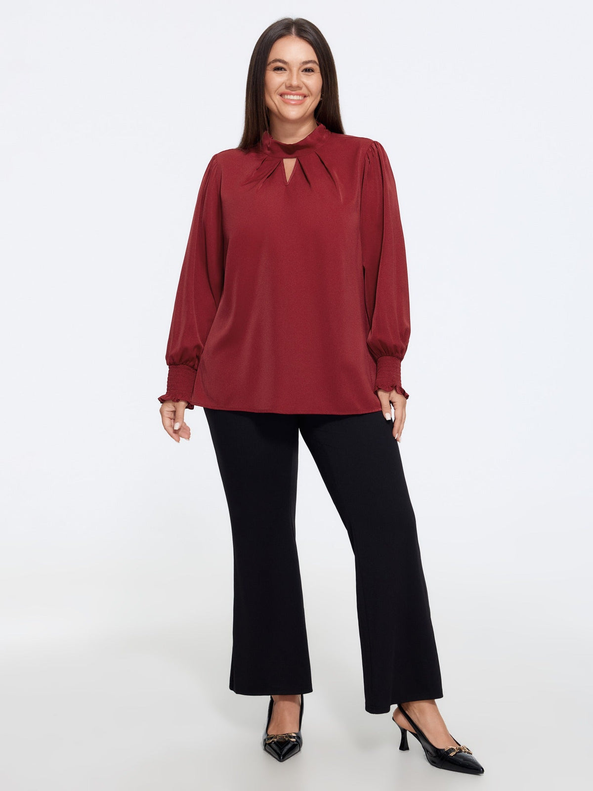 Mock Neck Keyhole Front Shirred Cuff Blouse