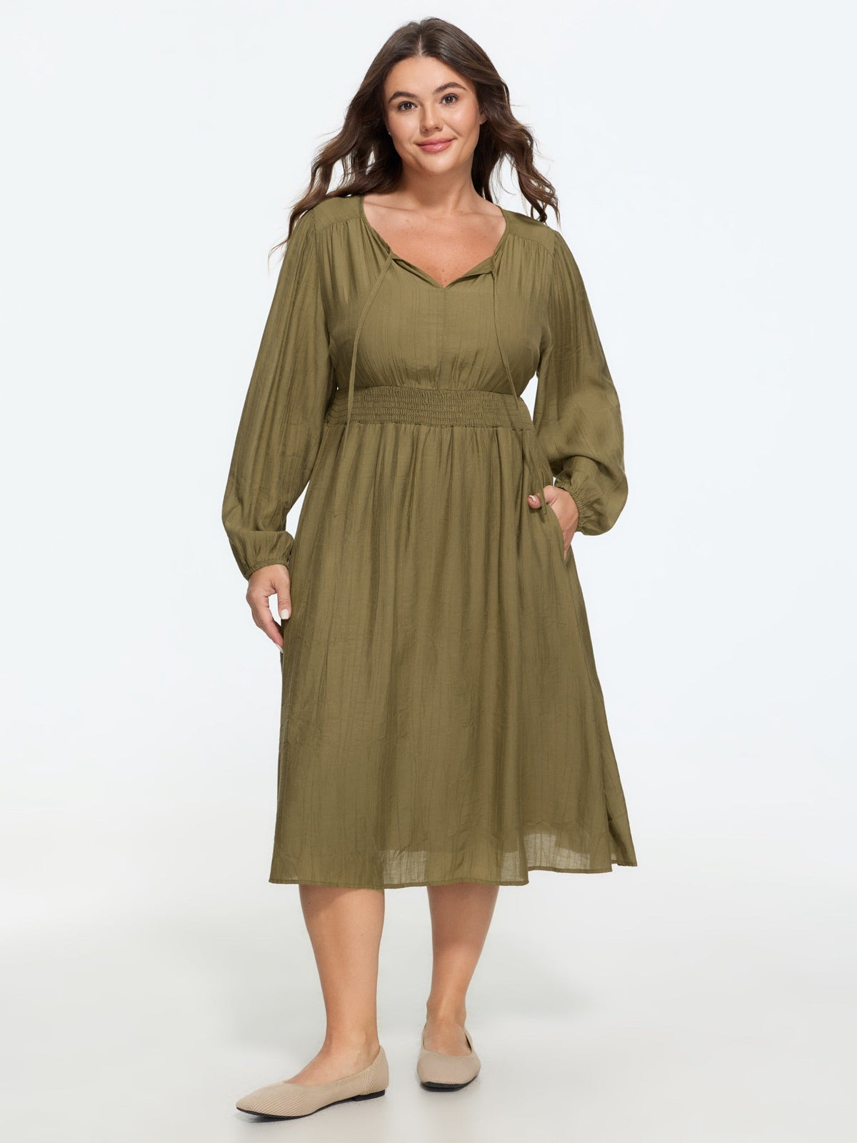 Supersoft Shirred Waist Tie Neck Midi Dress