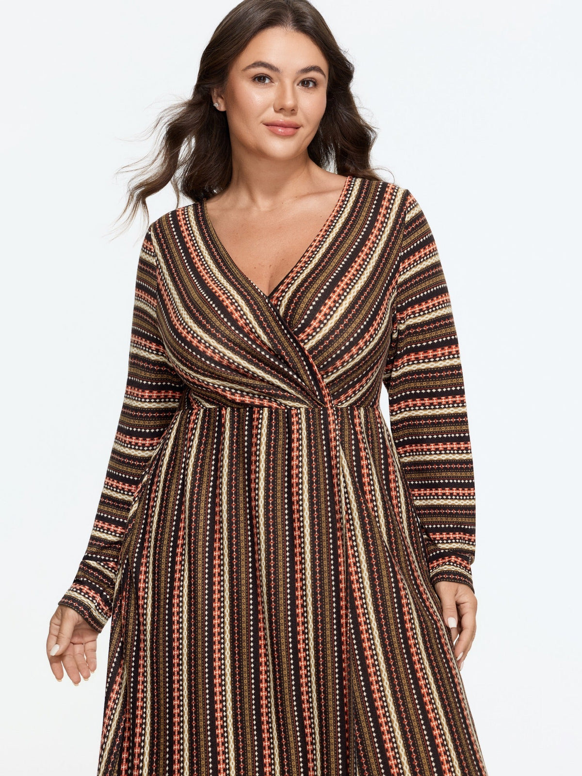 Stretch Retro Stripe Wrap V Neck Midi Dress