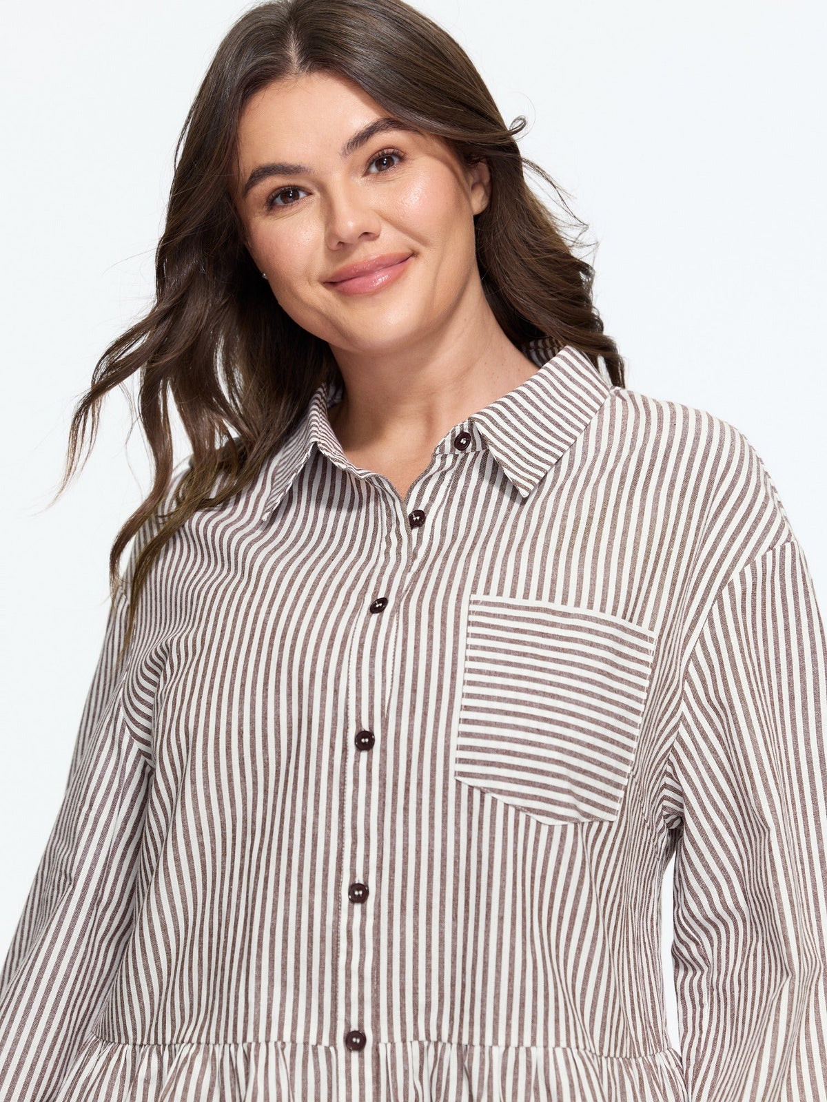 Cotton Striped Print Peplum Hem Button Down Shirt