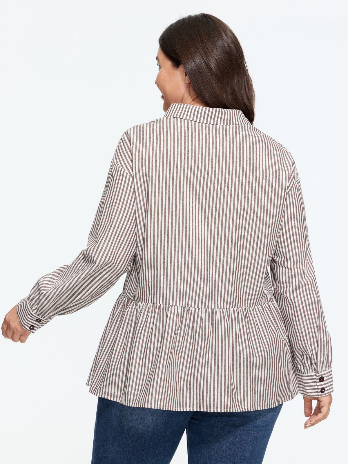 Cotton Striped Print Peplum Hem Button Down Shirt