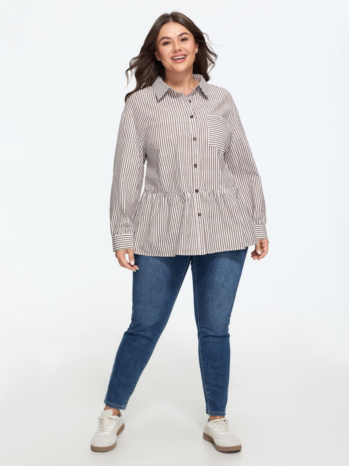Cotton Striped Print Peplum Hem Button Down Shirt