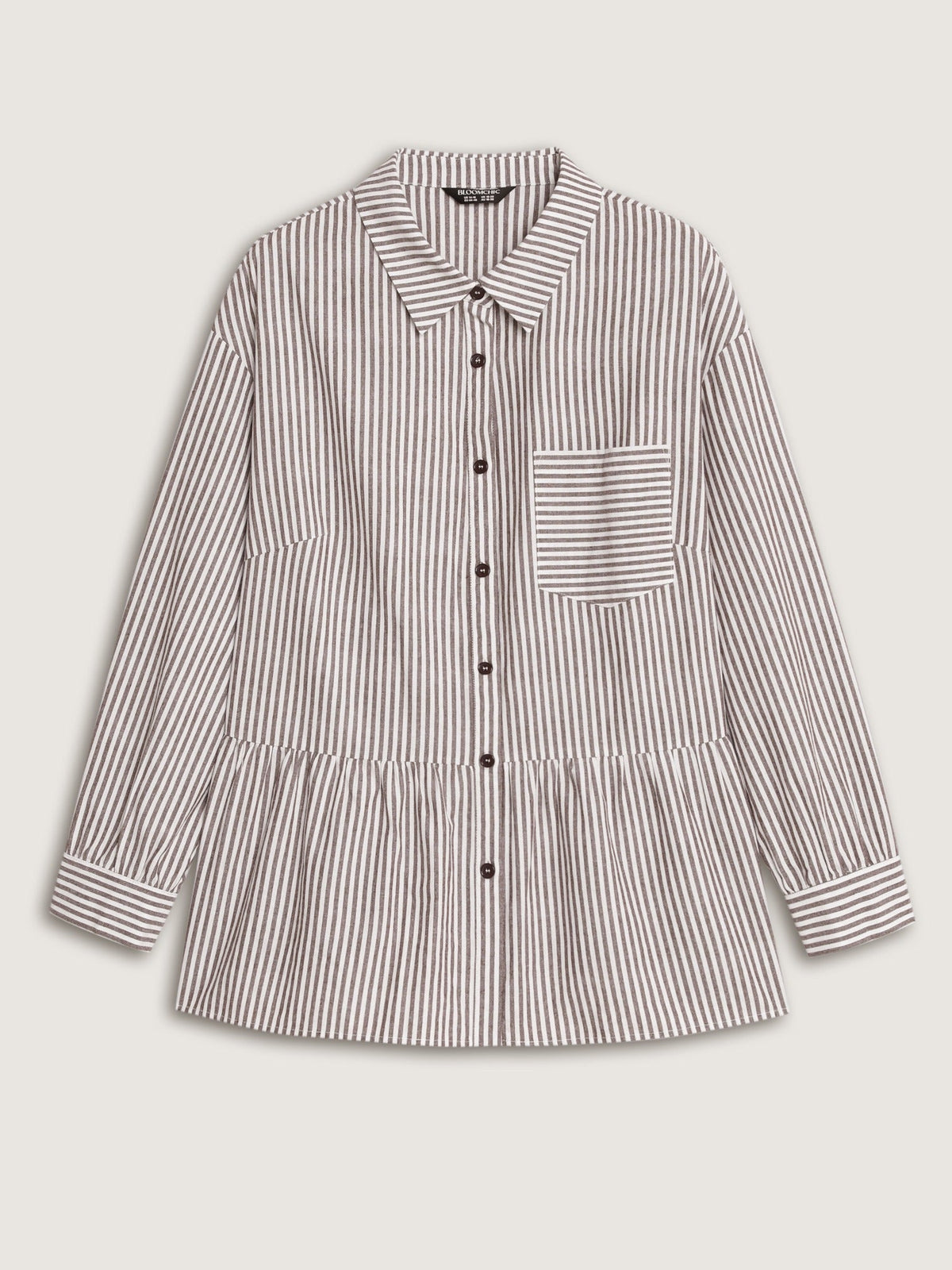 Cotton Striped Print Peplum Hem Button Down Shirt