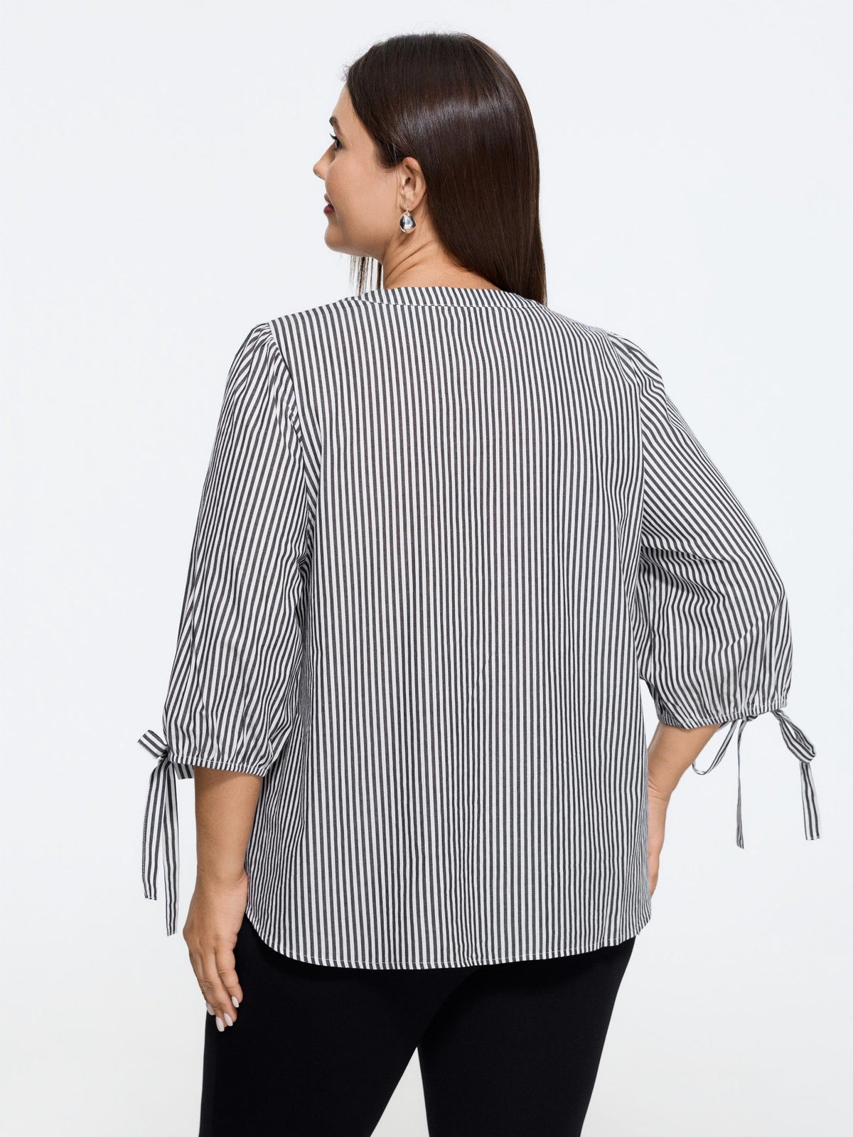 Striped V Neck Tie Cuff Blouse