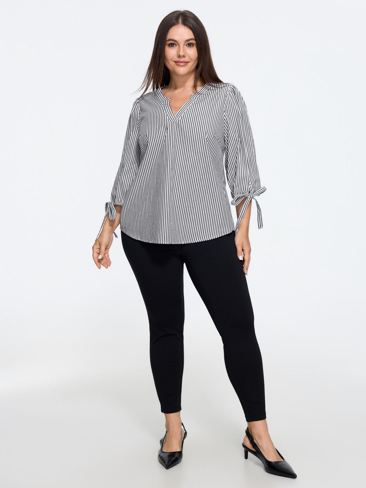 Striped V Neck Tie Cuff Blouse