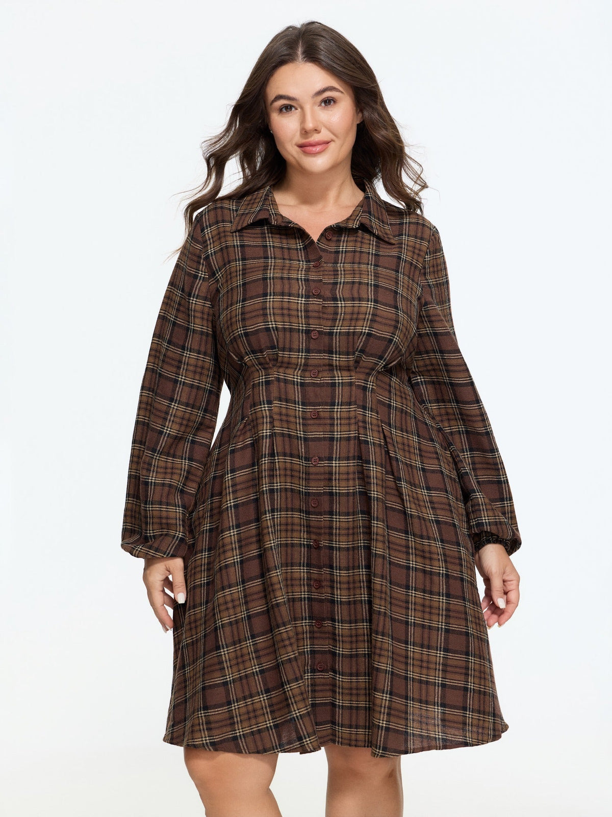 Plaid Lantern Sleeve Button Front Mini Dress