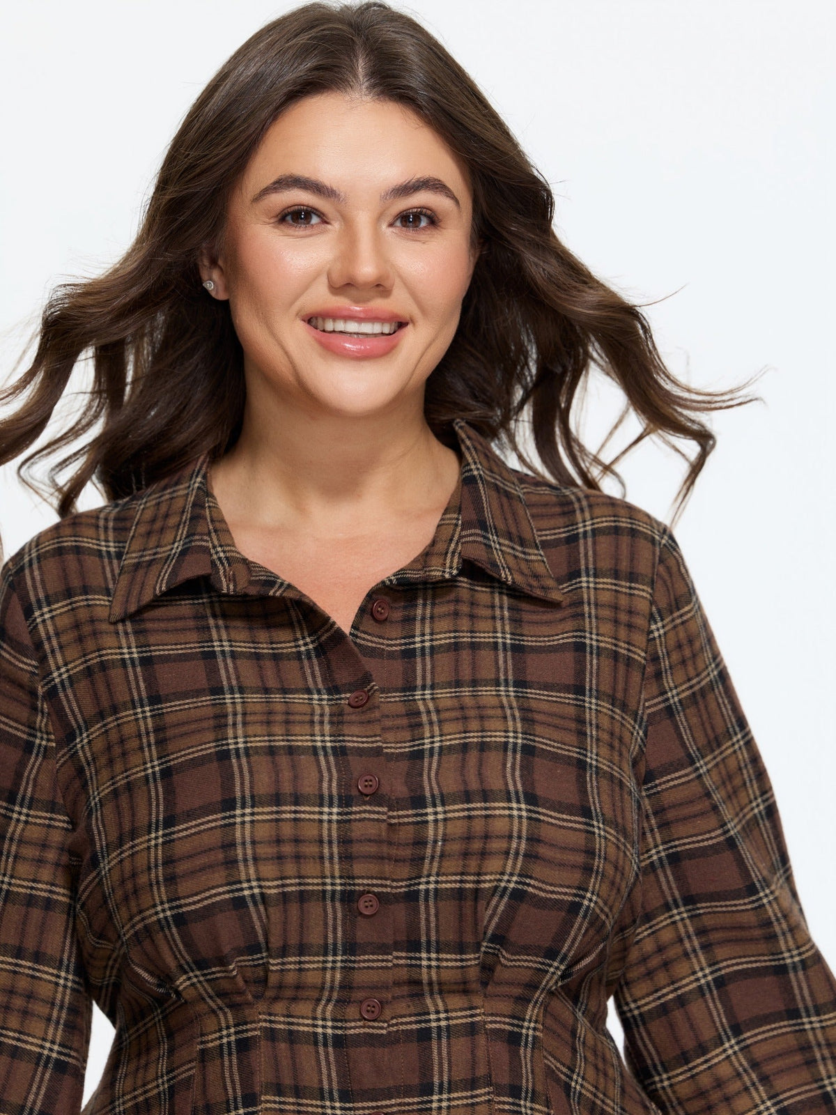 Plaid Lantern Sleeve Button Front Mini Dress
