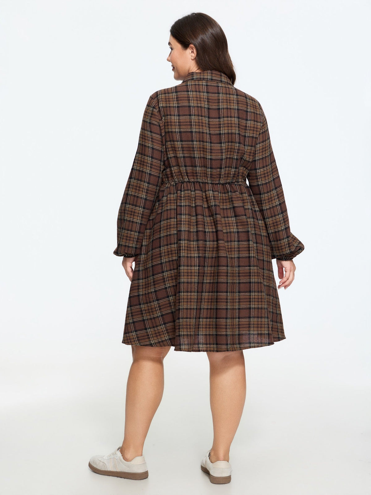 Plaid Lantern Sleeve Button Front Mini Dress