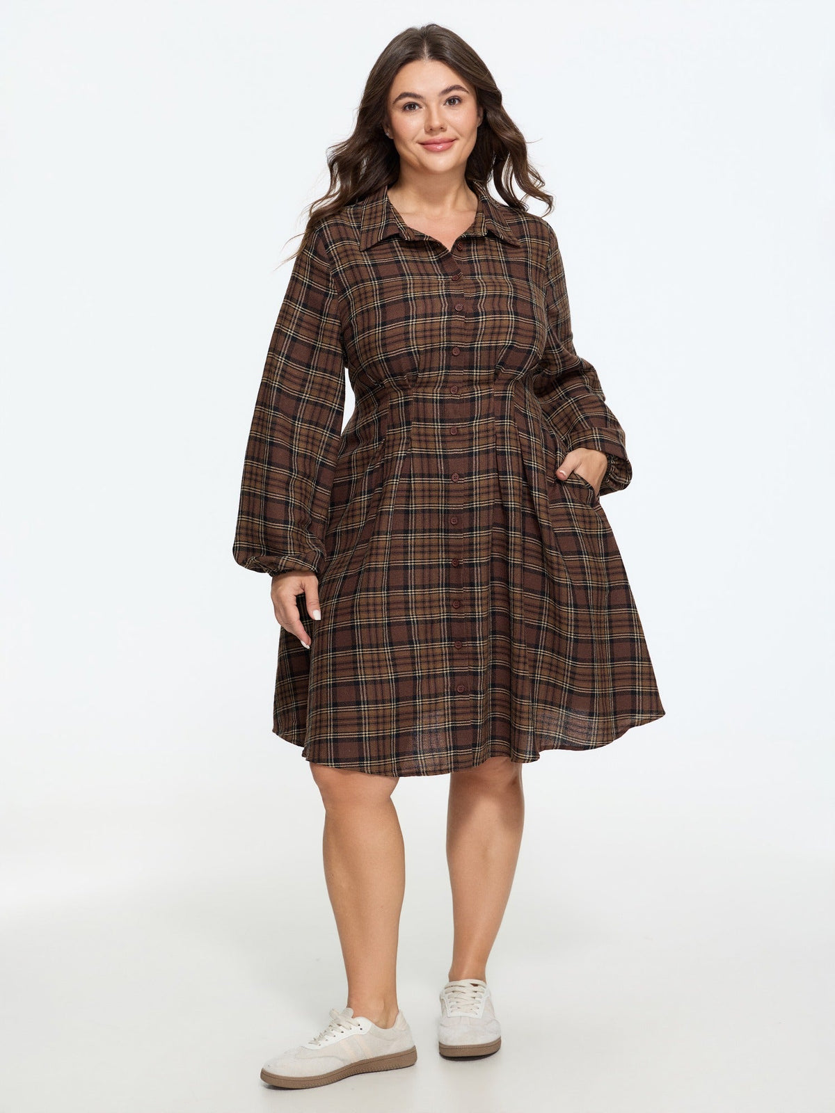 Plaid Lantern Sleeve Button Front Mini Dress