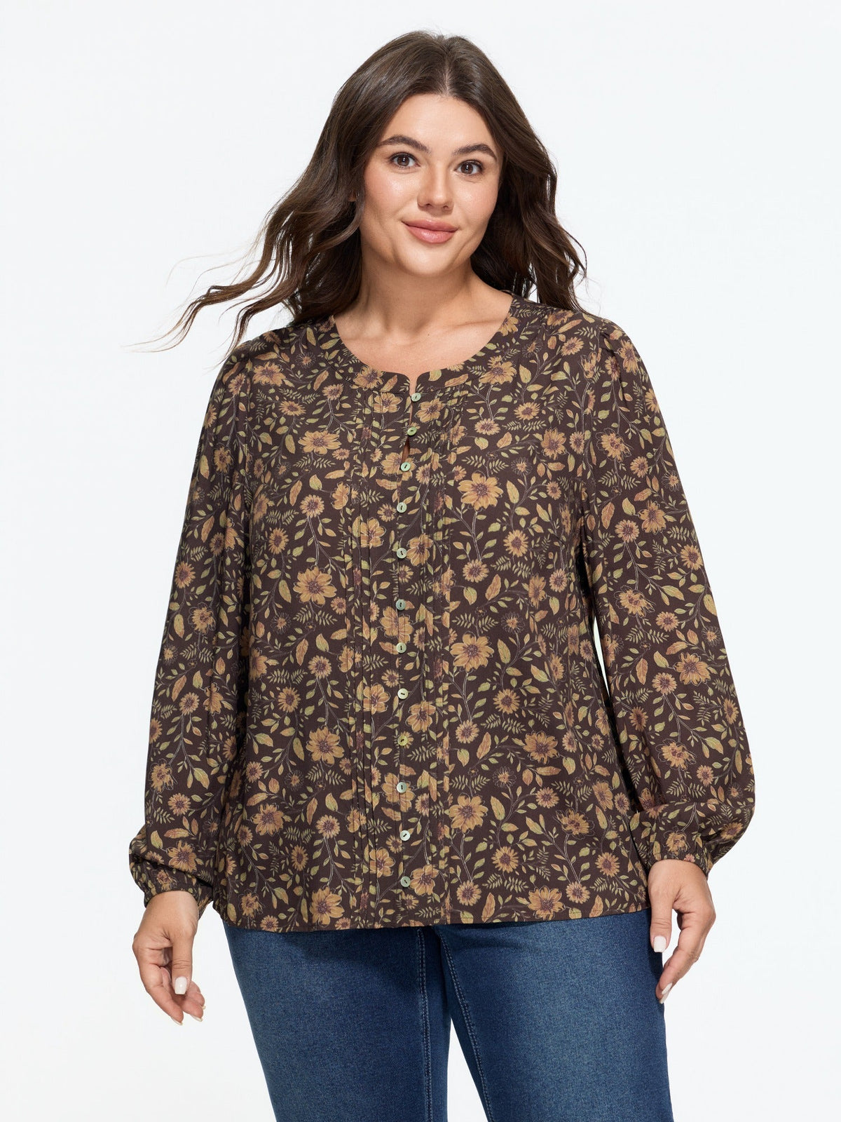 Supersoft Vintage Floral Pleated Long Sleeve Shirt
