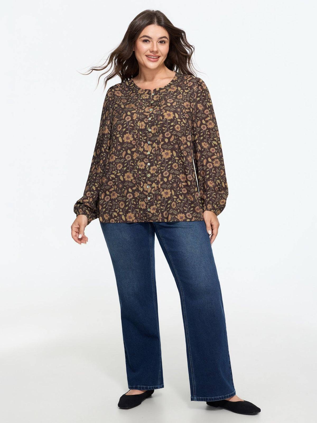 Supersoft Vintage Floral Pleated Long Sleeve Shirt