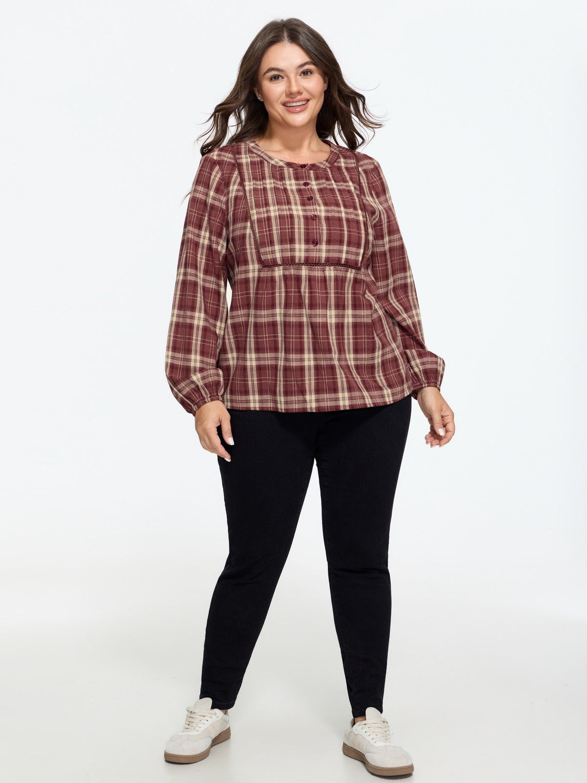 Plaid Eyelet Lace Babydoll Blouse