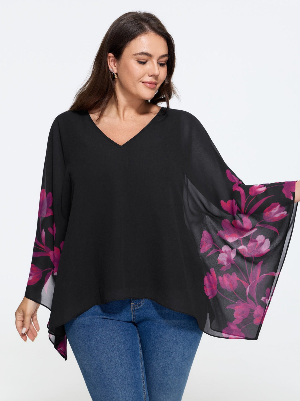 Floral Print Flared Sleeves Chiffon Cape Blouse