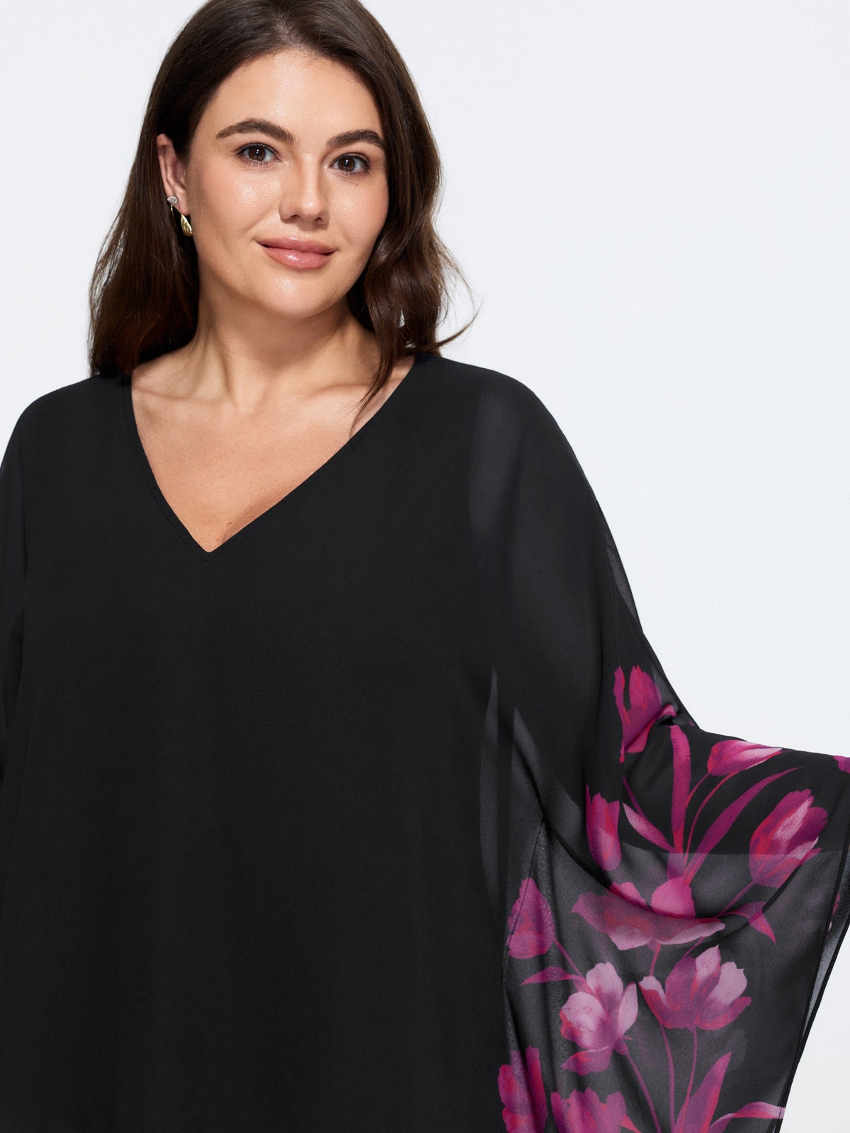 Floral Print Flared Sleeves Chiffon Cape Blouse