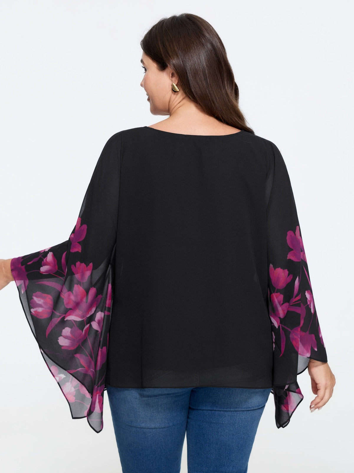 Floral Print Flared Sleeves Chiffon Cape Blouse