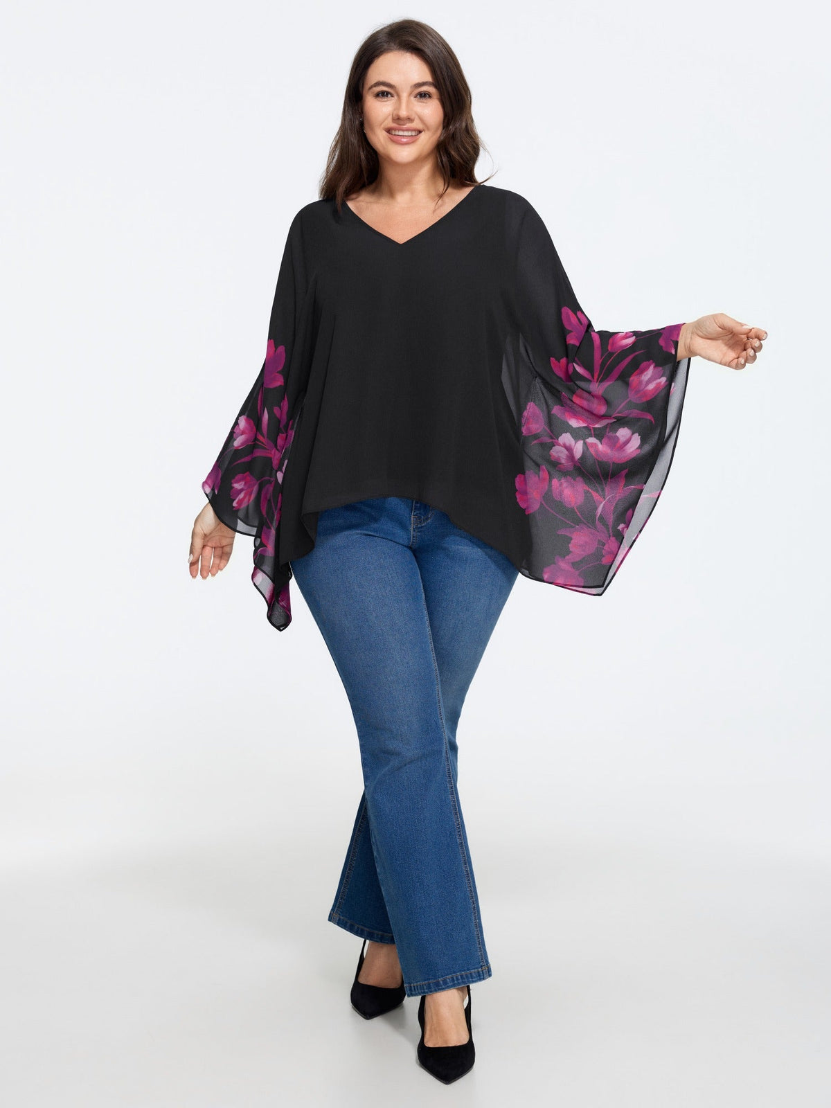Floral Print Flared Sleeves Chiffon Cape Blouse