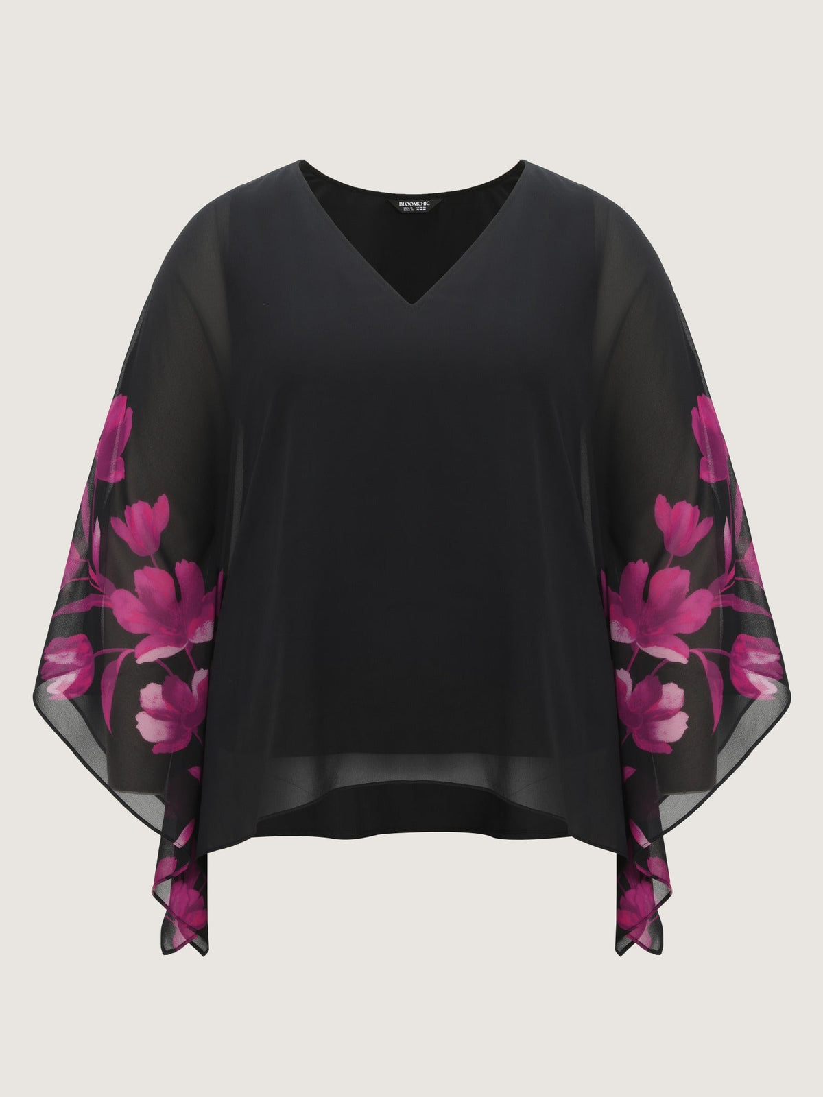 Floral Print Flared Sleeves Chiffon Cape Blouse