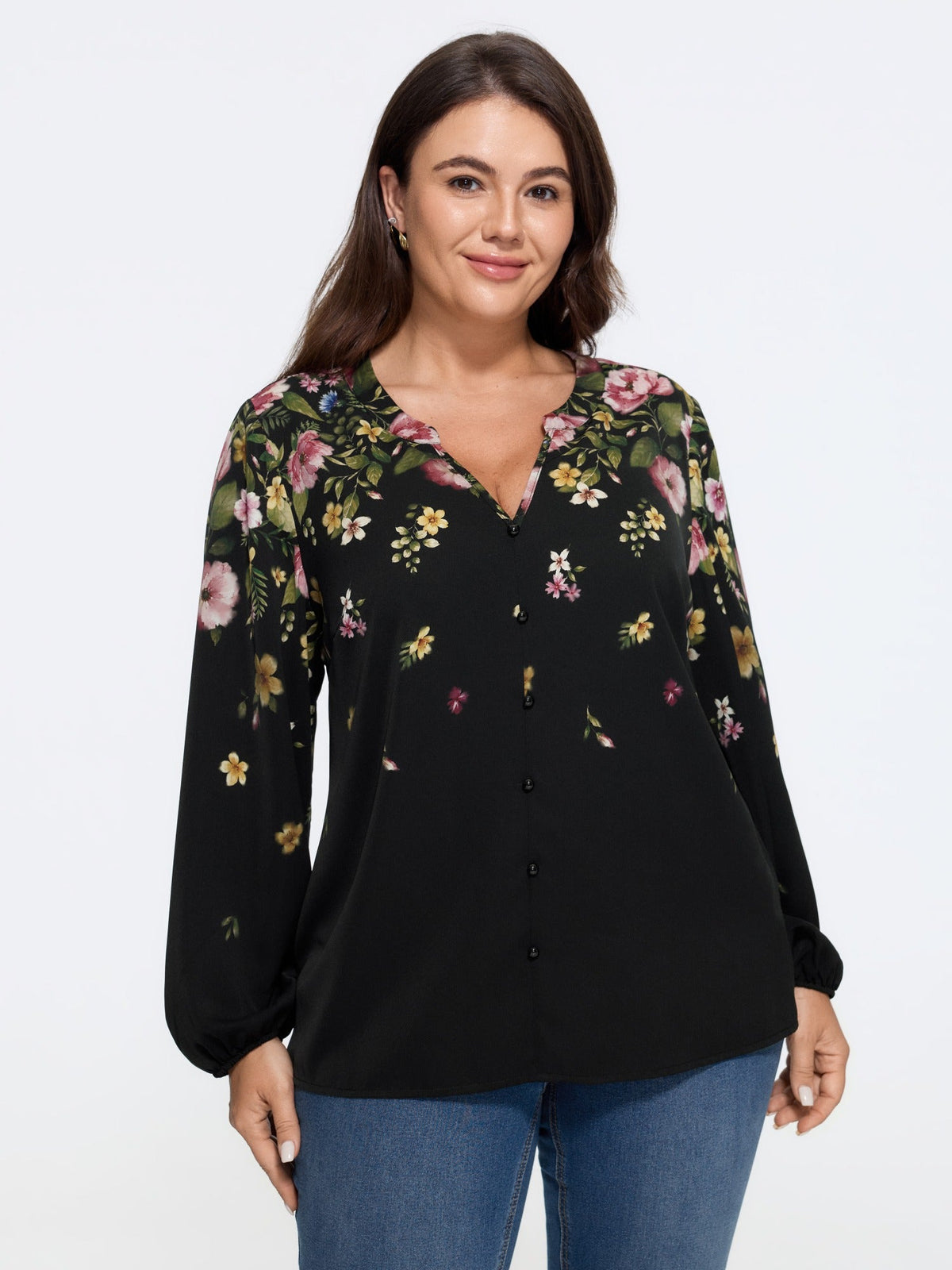 Floral Print Button Front Chiffon Blouse