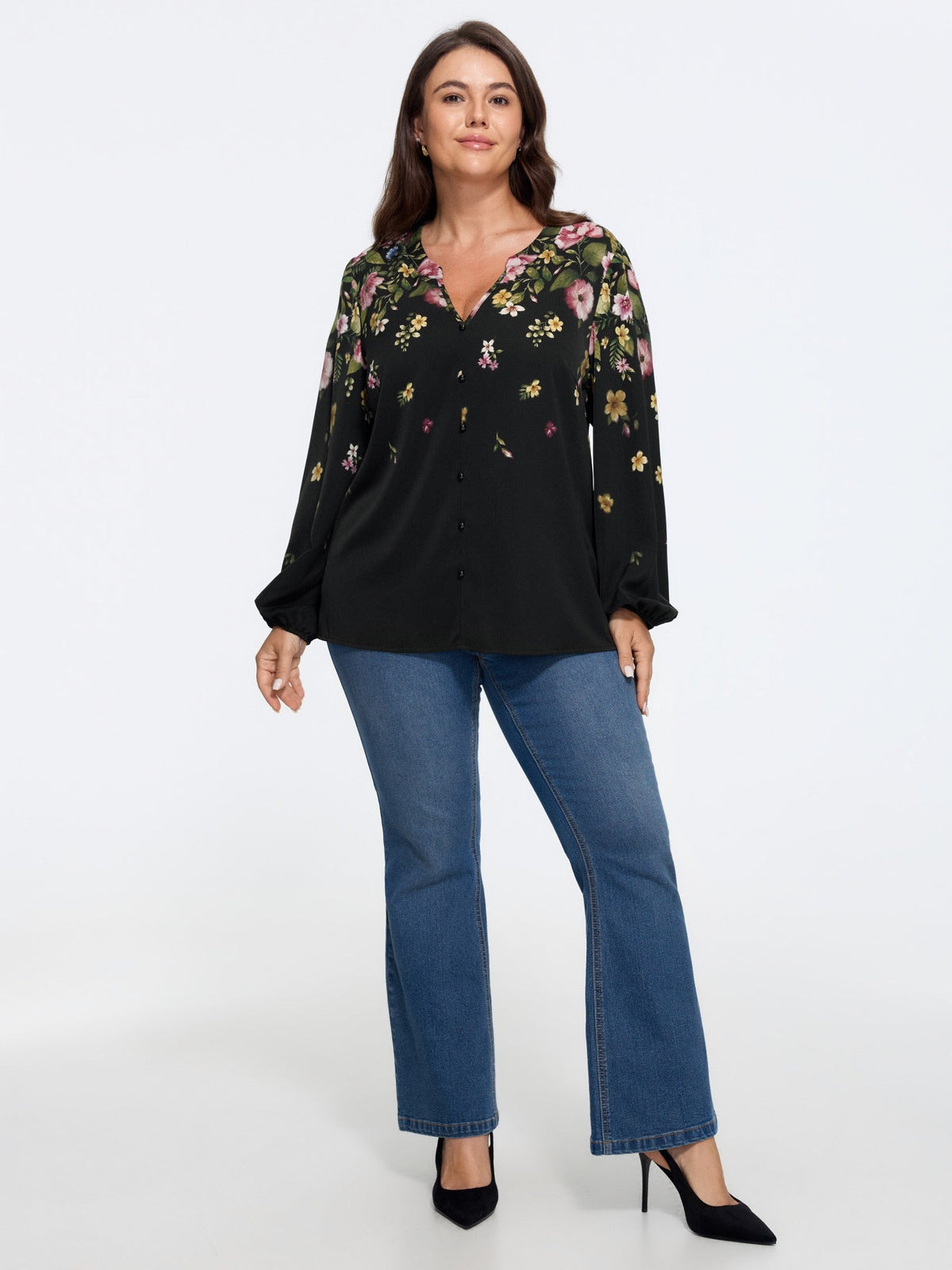 Floral Print Button Front Chiffon Blouse