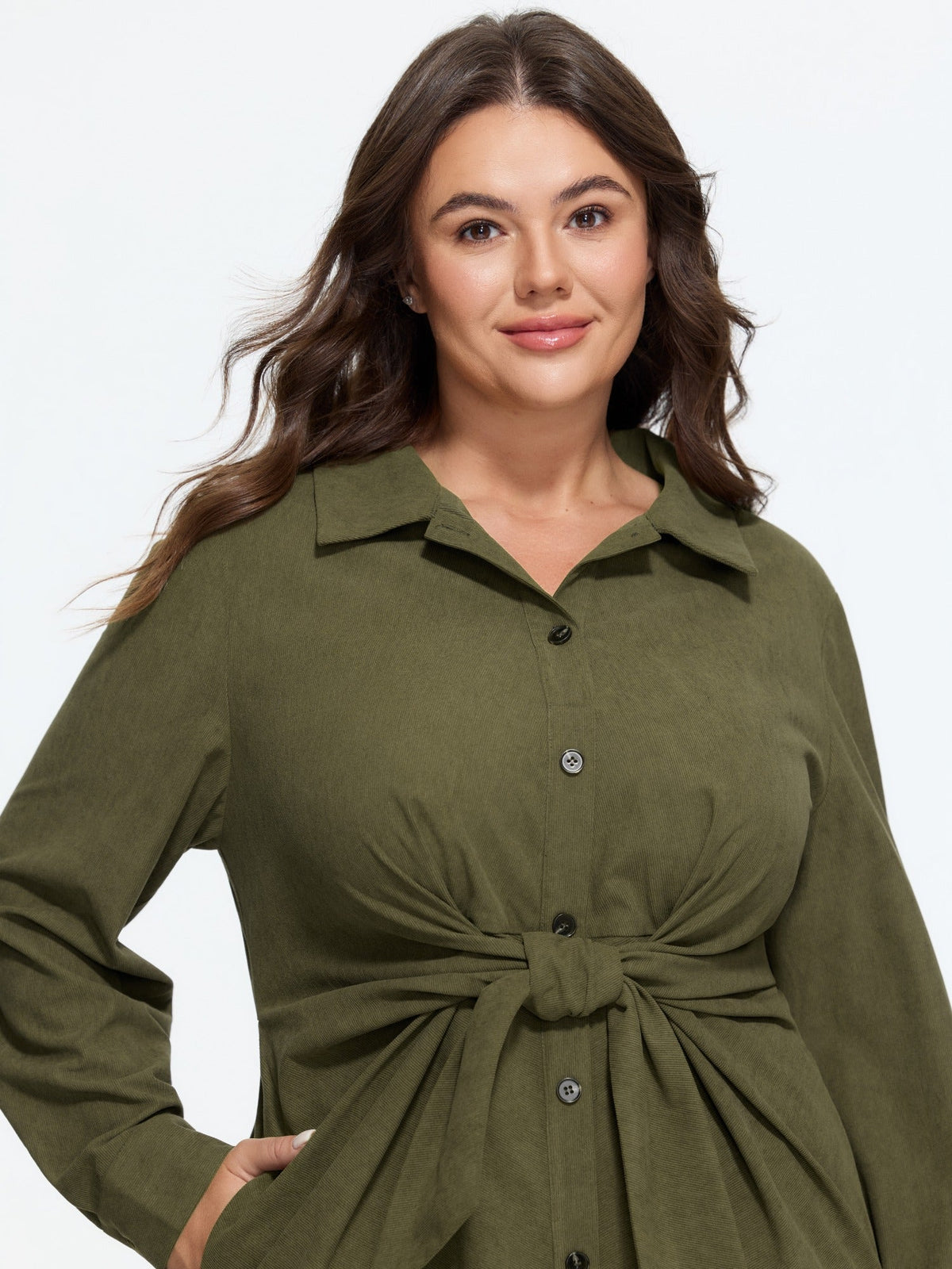 Lapel Collar Button Front Tie Waist Midi Dress