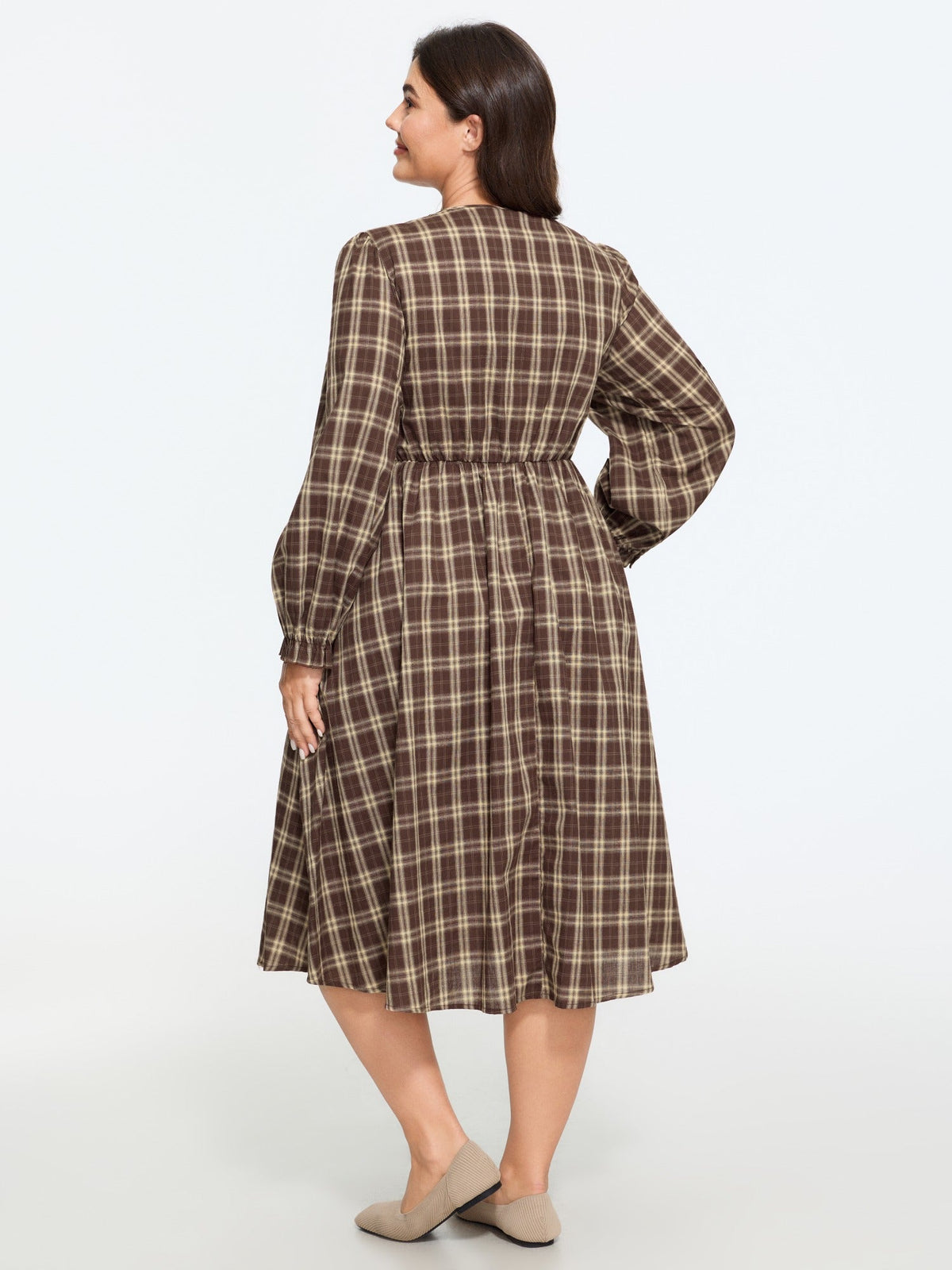 Plaid V Neck Tie Front Midi Dress