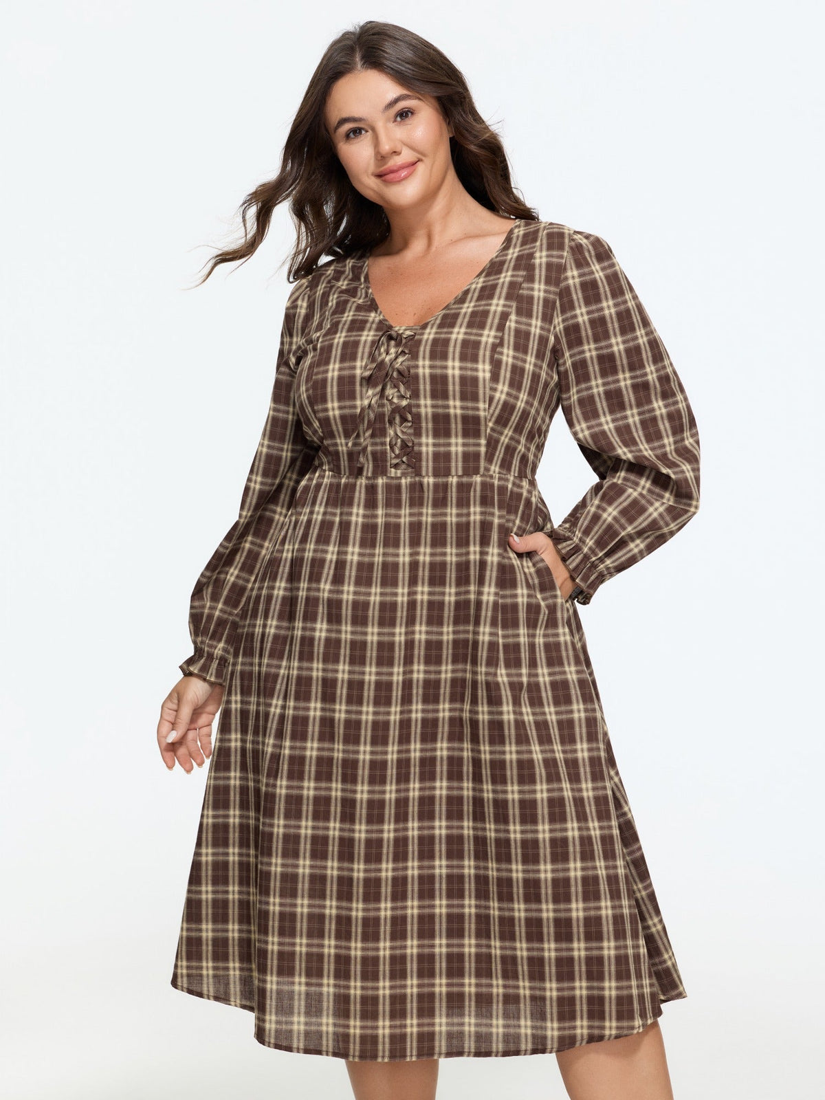 Plaid V Neck Tie Front Midi Dress