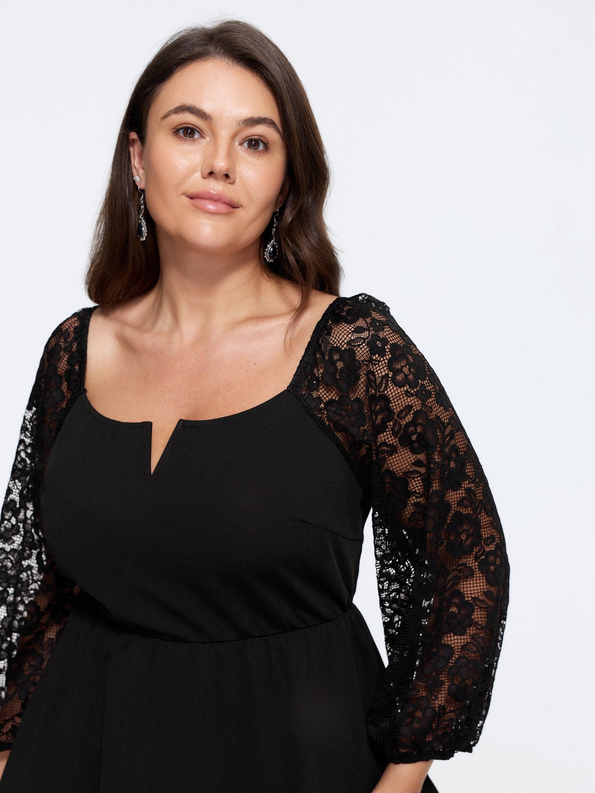 Square Neck Lace 3/4 Sleeve Peplum Blouse