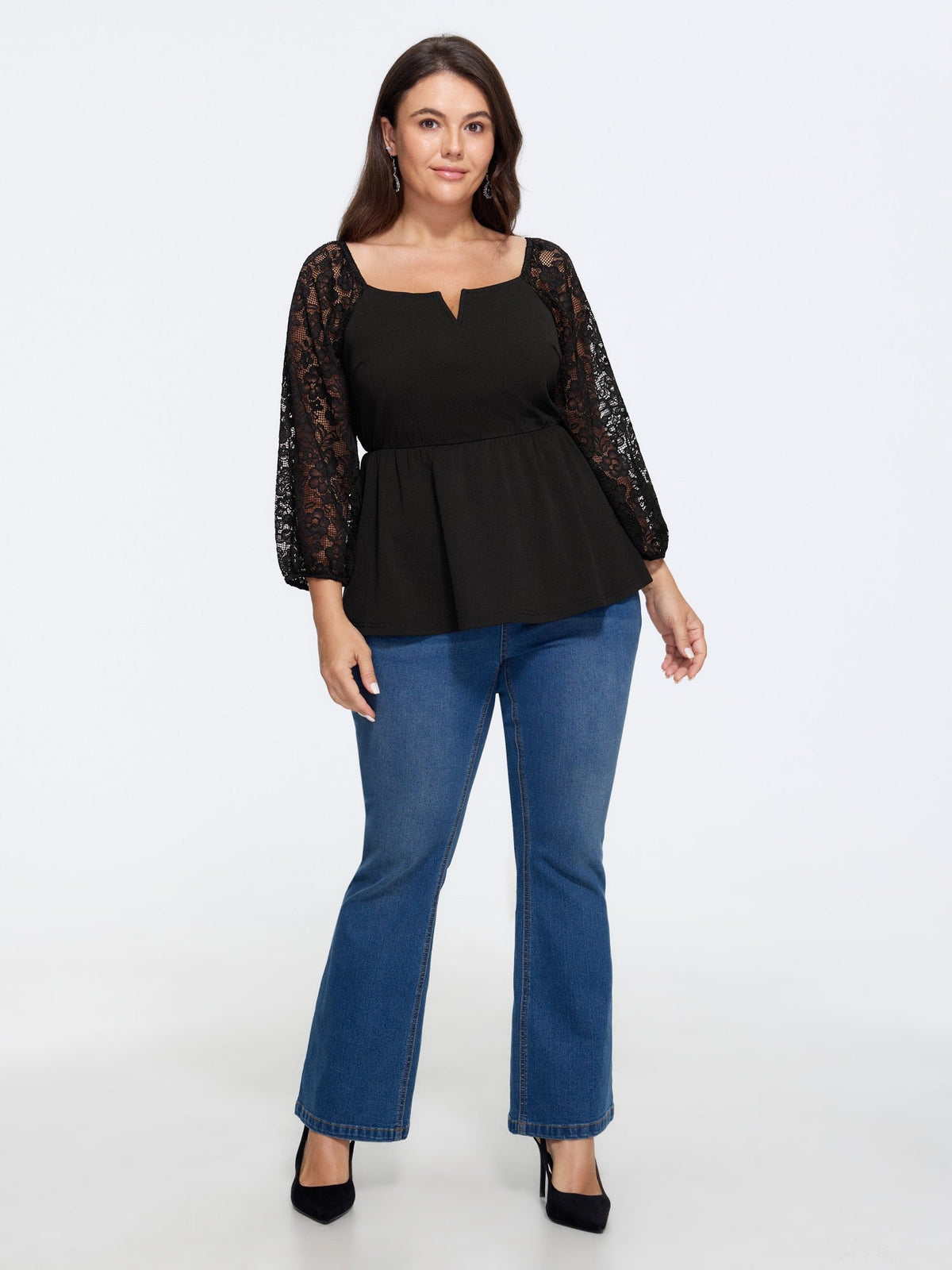 Square Neck Lace 3/4 Sleeve Peplum Blouse