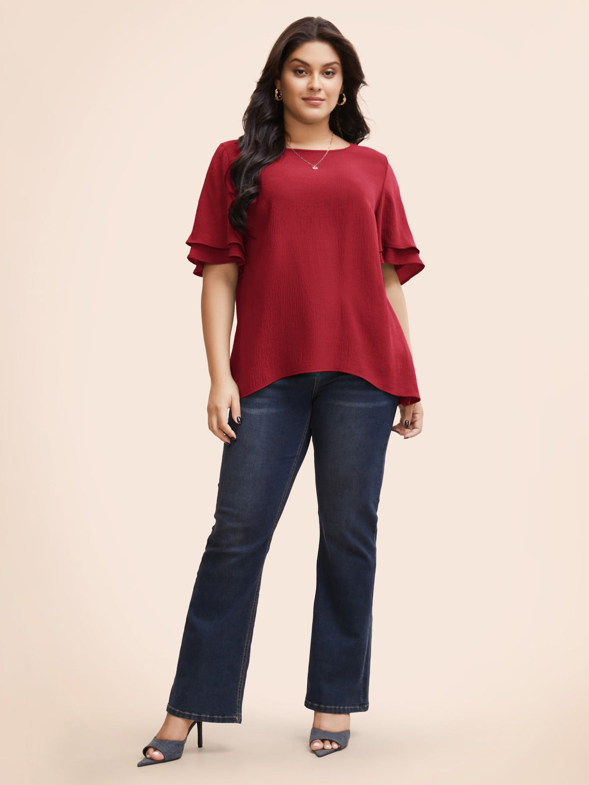 Solid Tiered Ruffles Split Hem Blouse