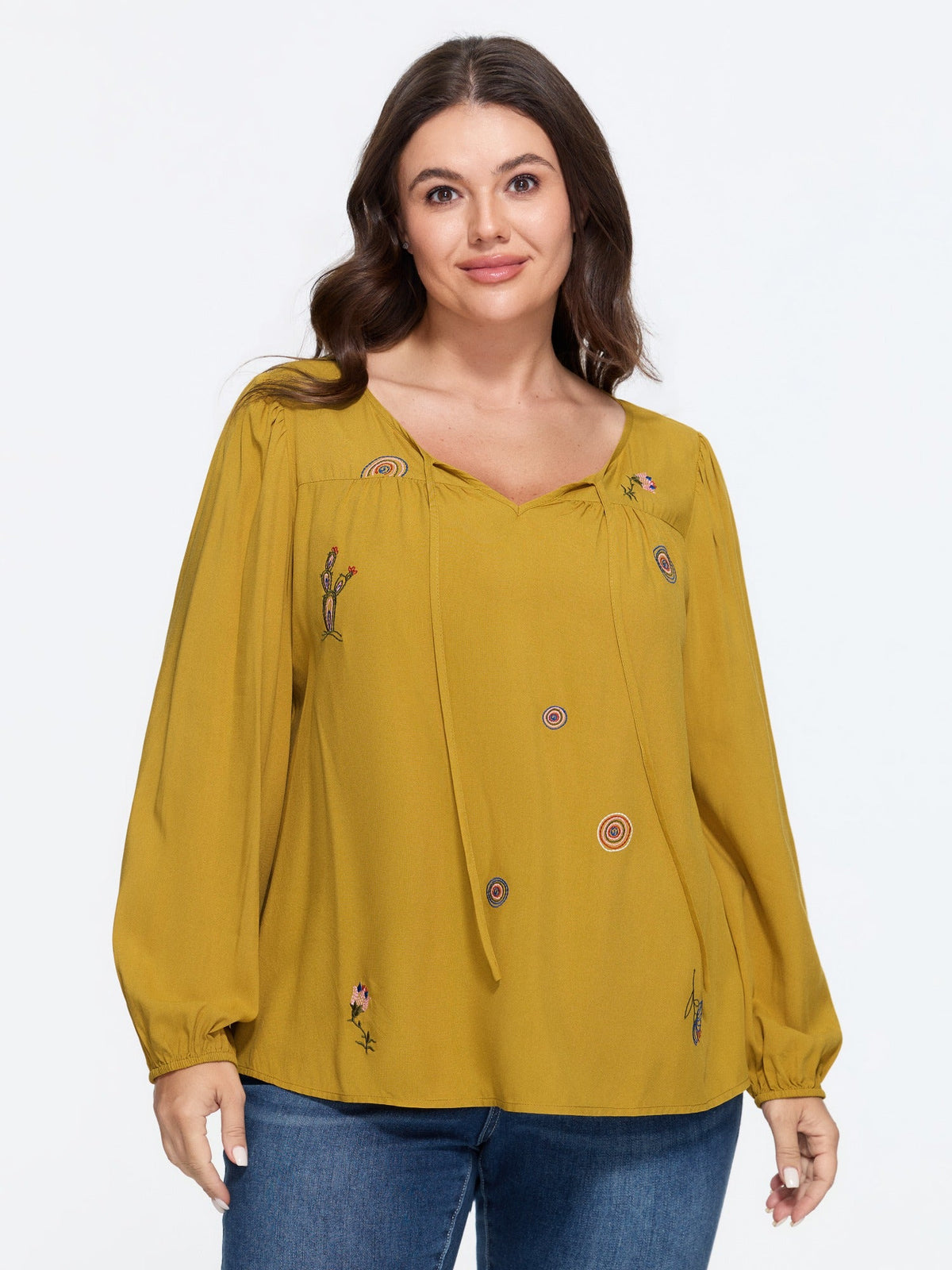 Supersoft Floral Embroidered Tie Neck Blouse