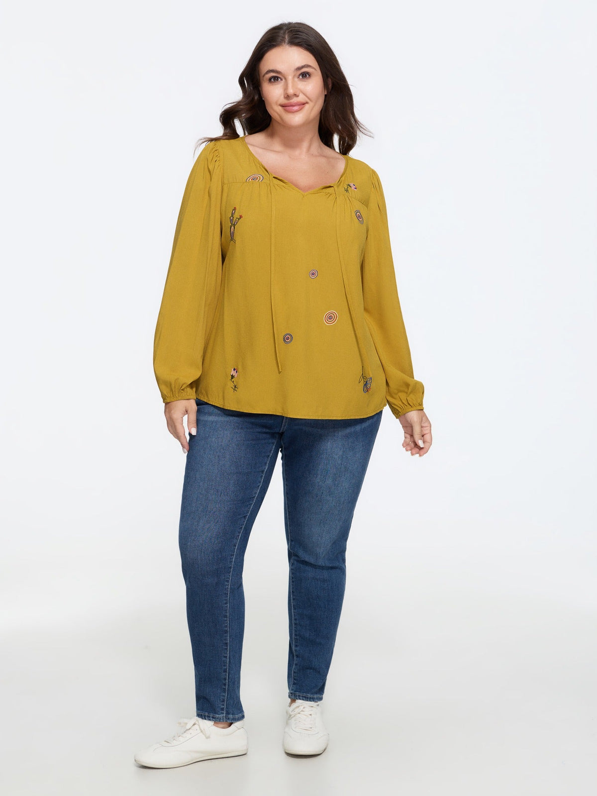 Supersoft Floral Embroidered Tie Neck Blouse