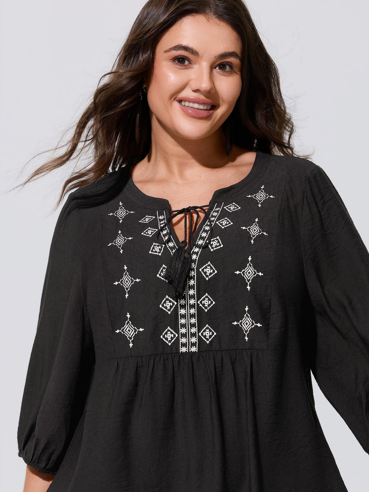 Supersoft Boho Embroidered Tassel Tie Blouse