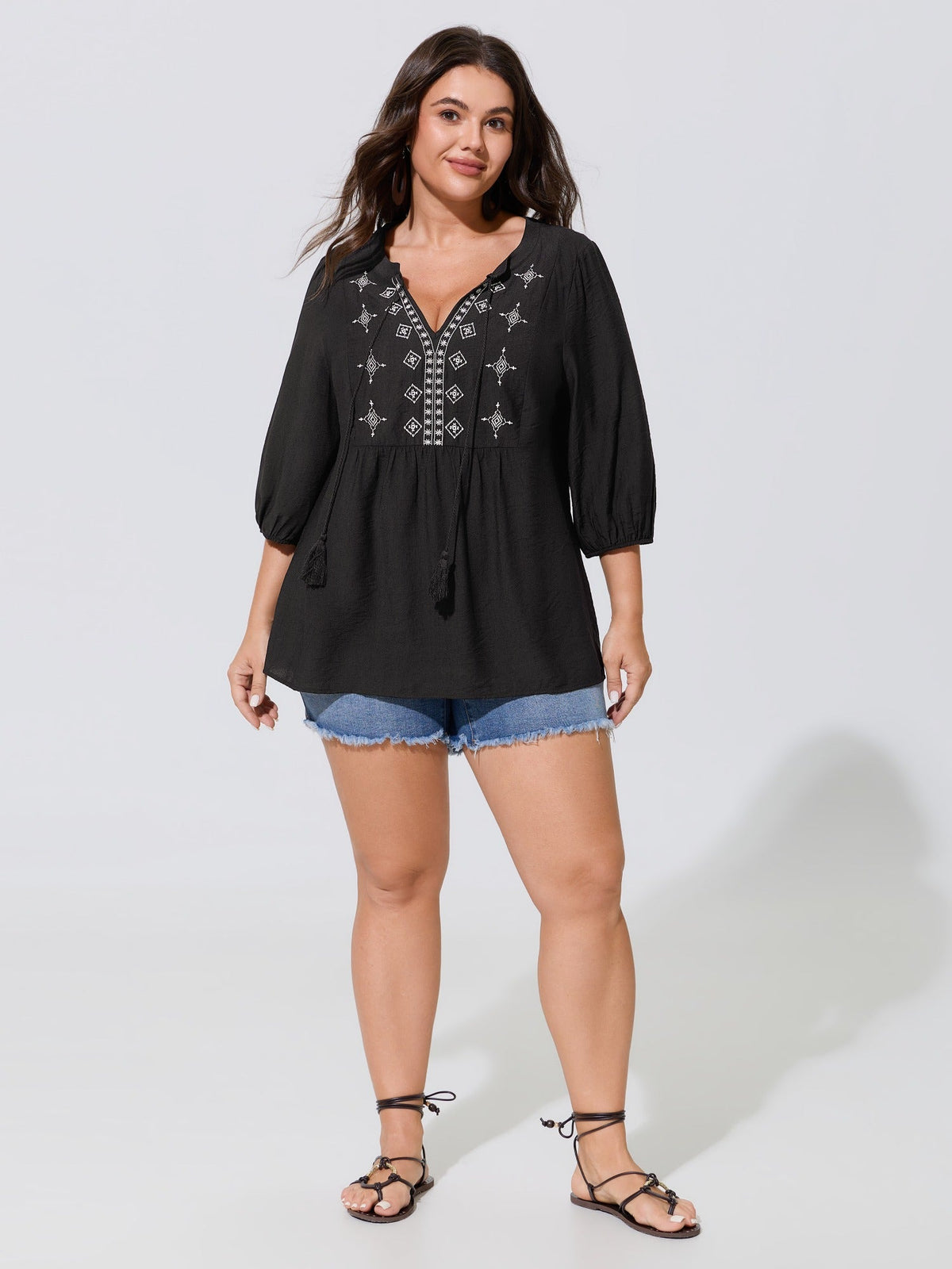 Supersoft Boho Embroidered Tassel Tie Blouse
