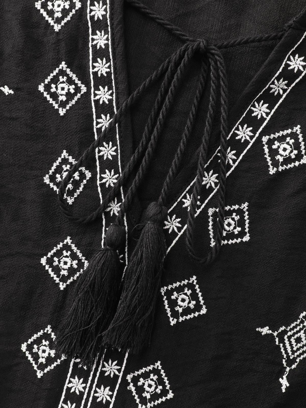 Supersoft Boho Embroidered Tassel Tie Blouse