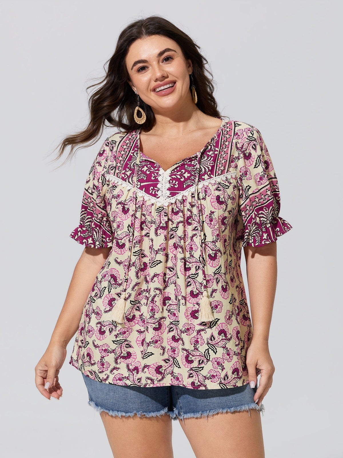 Boho Floral Print Neck Tassels Blouse