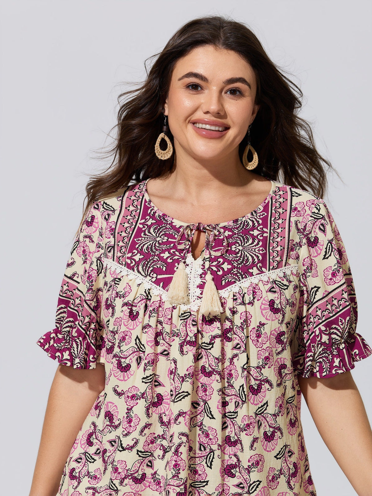 Boho Floral Print Neck Tassels Blouse