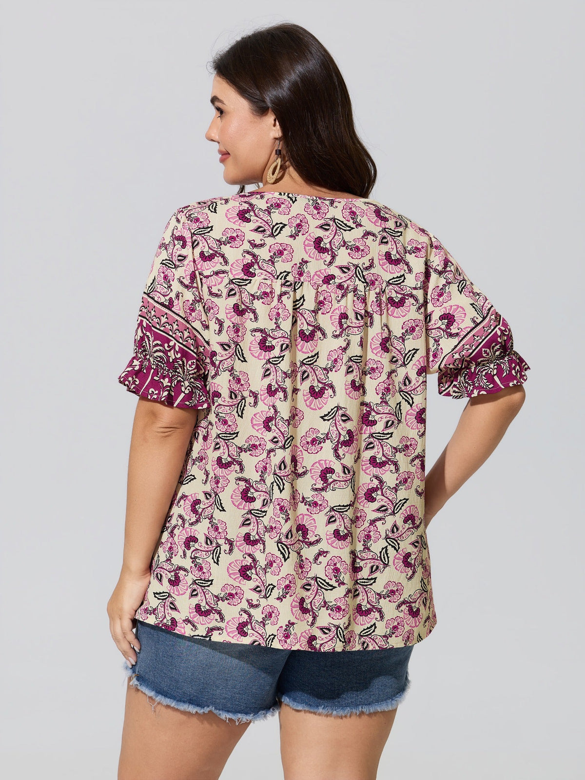 Boho Floral Print Neck Tassels Blouse