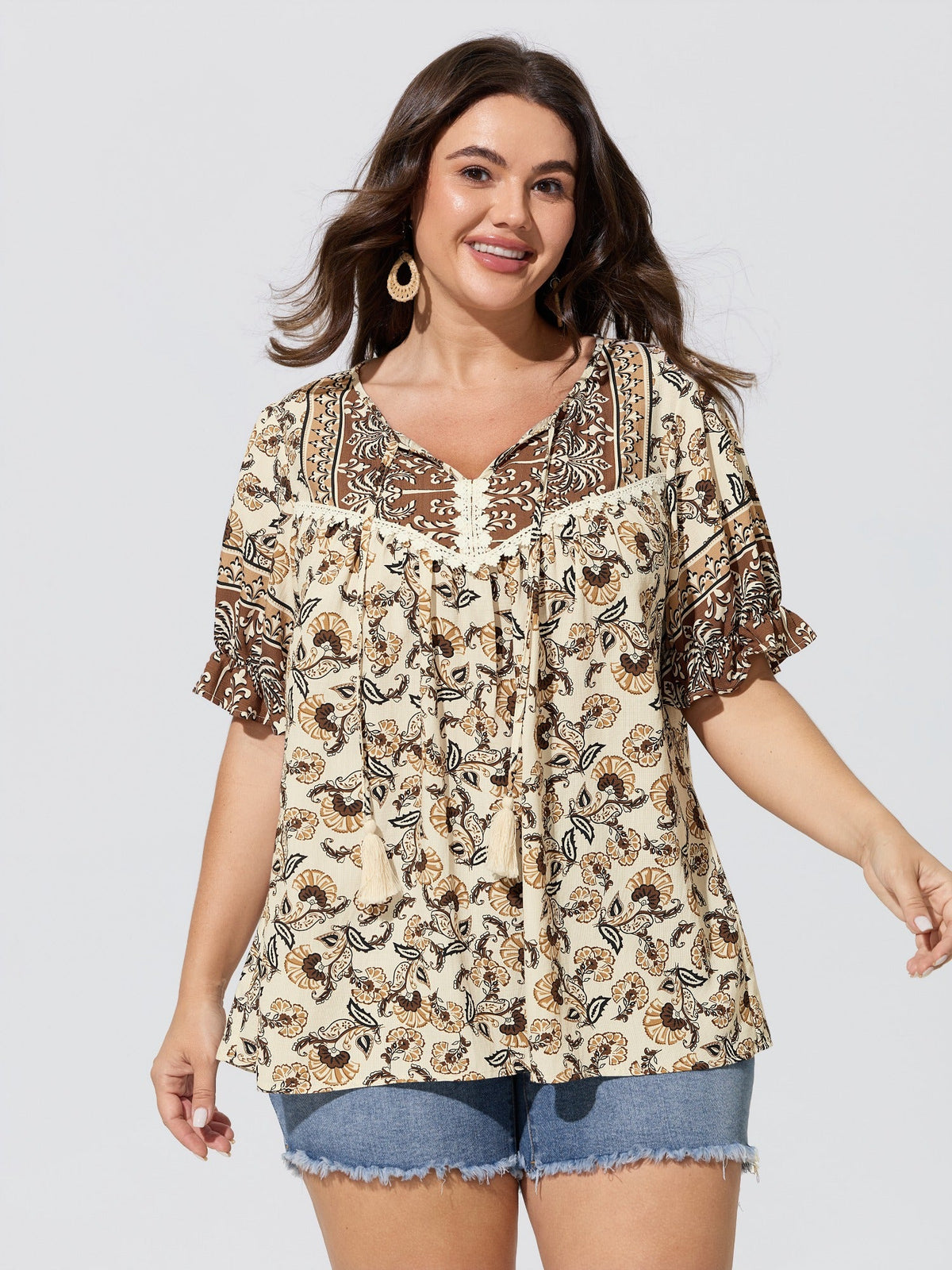 Boho Floral Print Neck Tassels Blouse