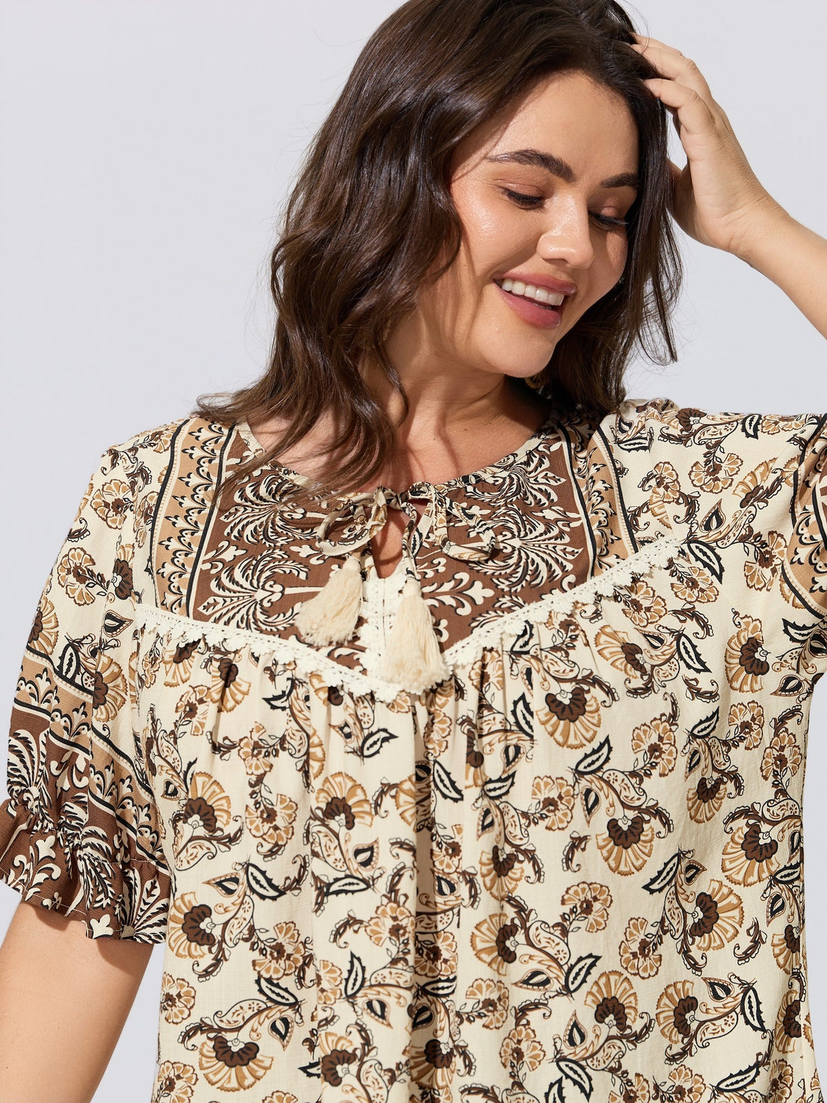 Boho Floral Print Neck Tassels Blouse