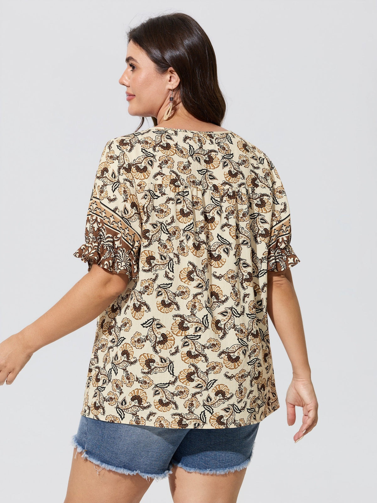 Boho Floral Print Neck Tassels Blouse