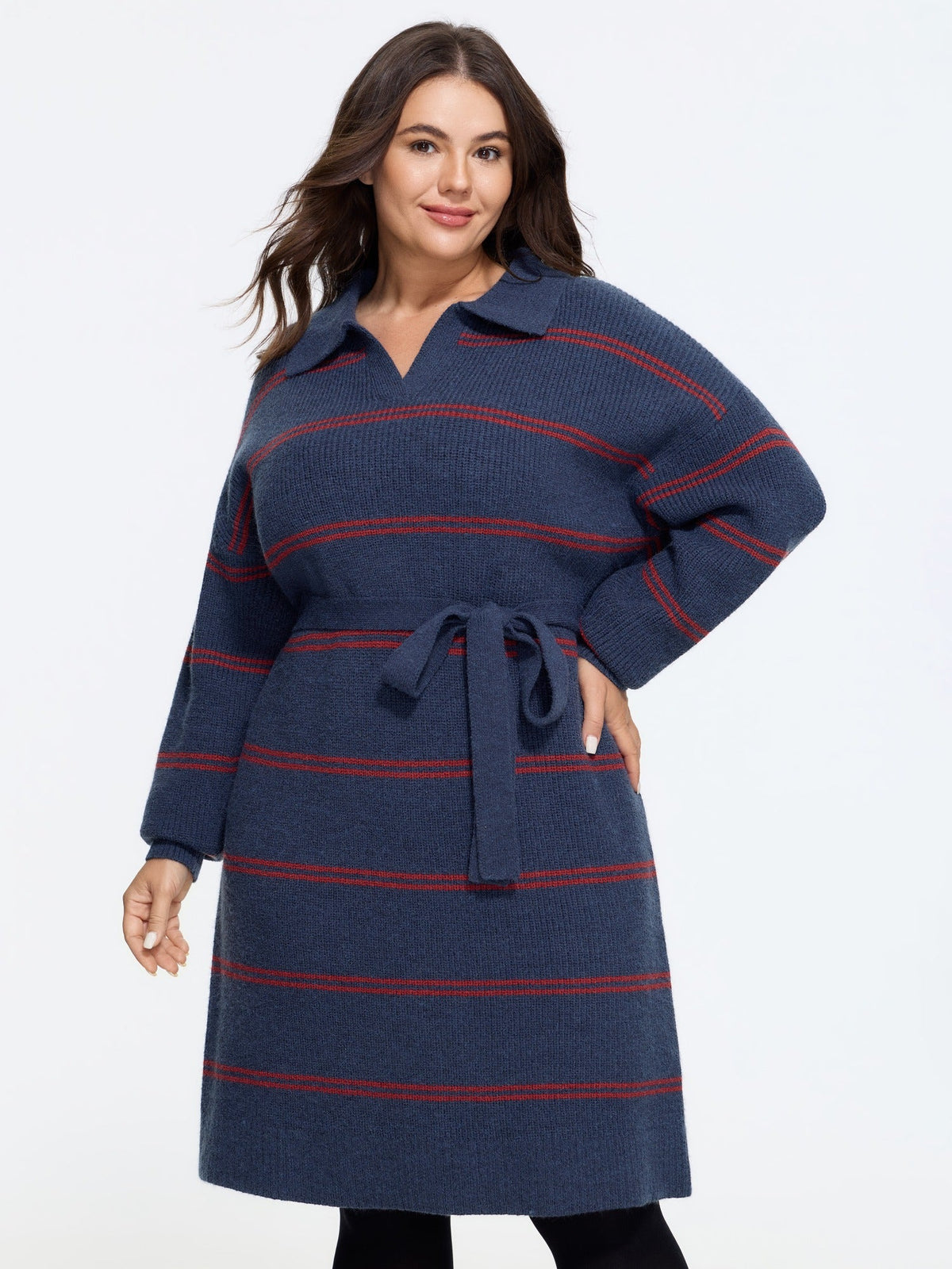 Striped Polo Collar Belted Sweater Dress