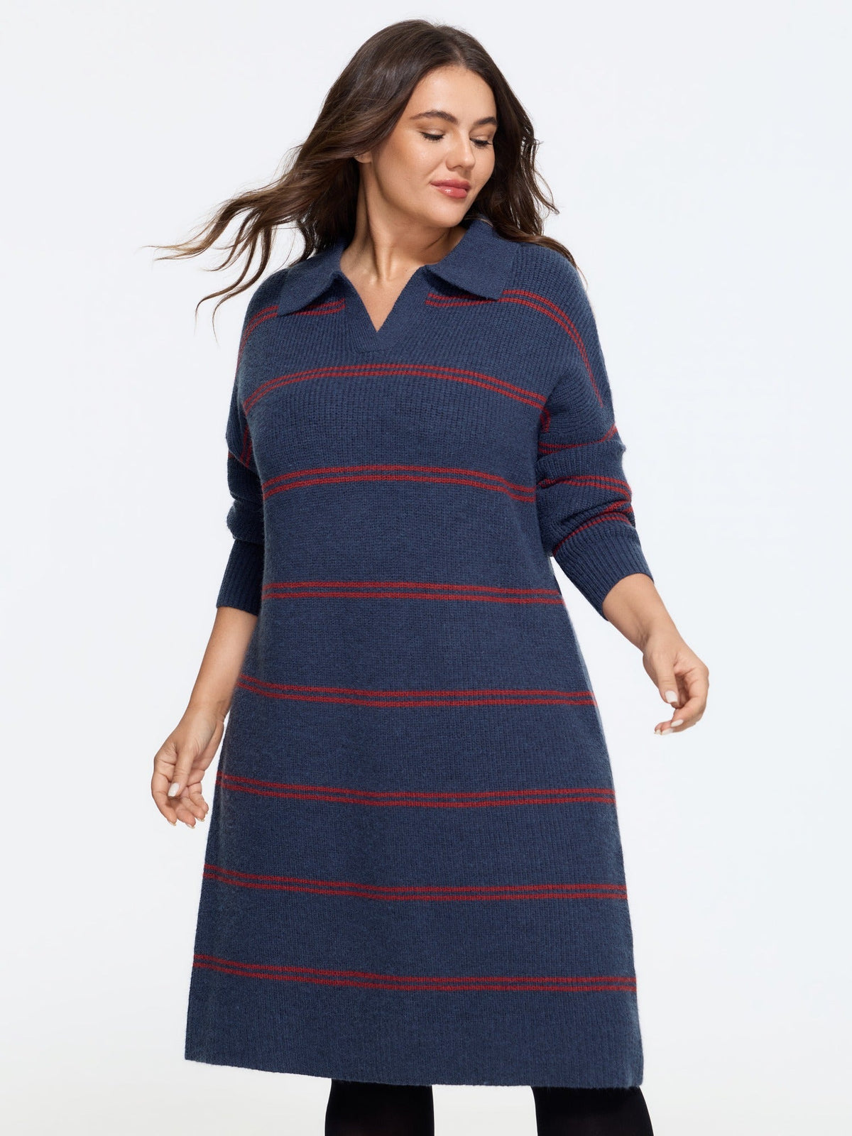 Striped Polo Collar Belted Sweater Dress