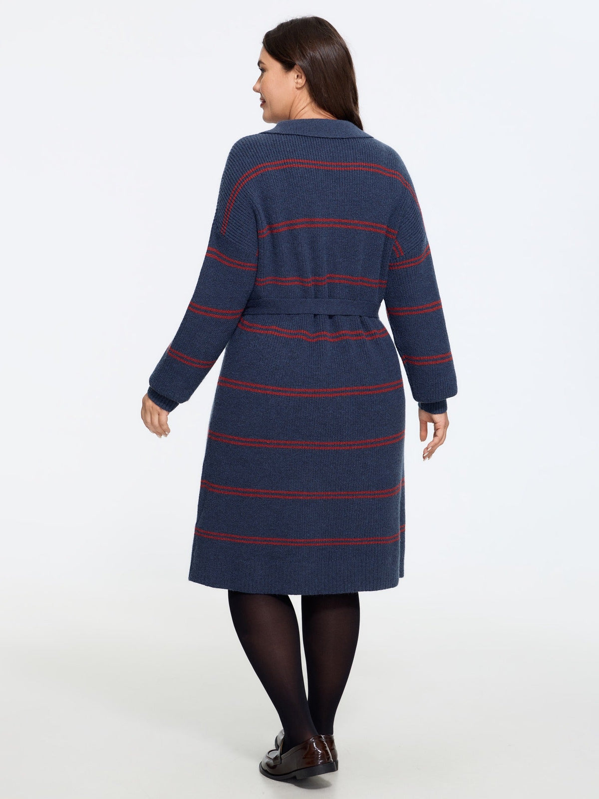 Striped Polo Collar Belted Sweater Dress