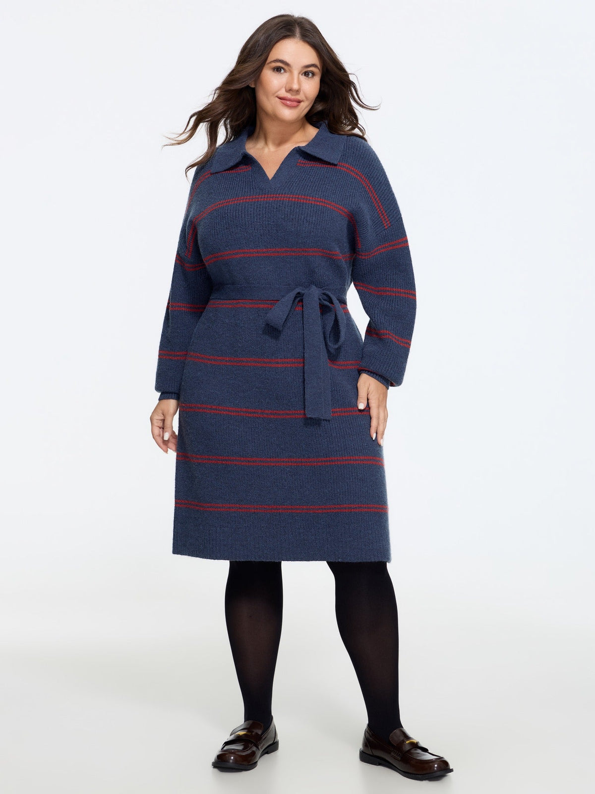 Striped Polo Collar Belted Sweater Dress